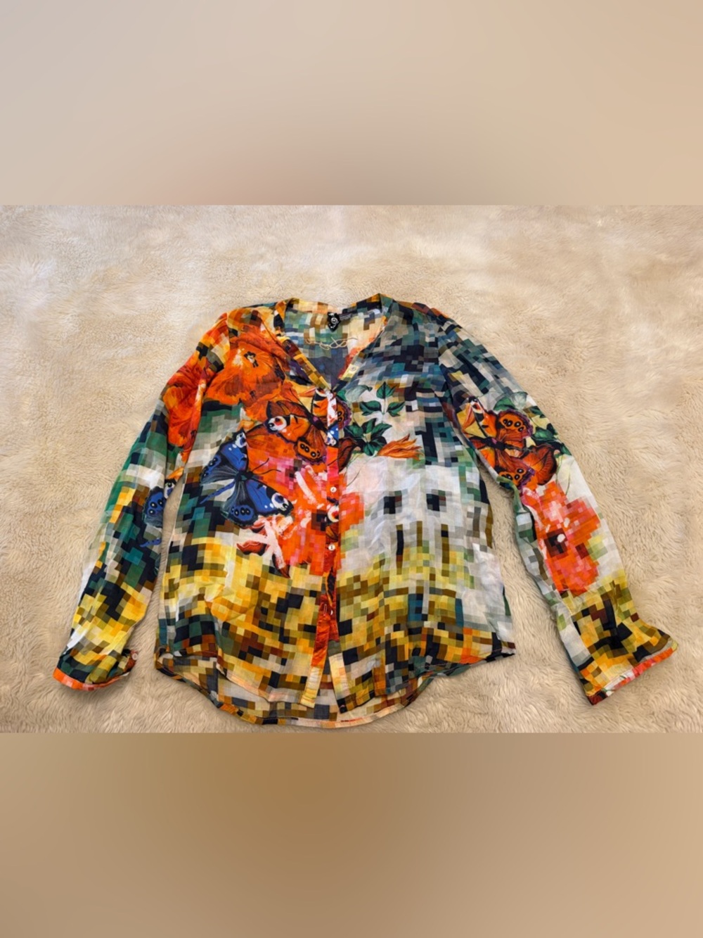 Desigual Multicolor Pixel Check & Floral Embroidered Shirt